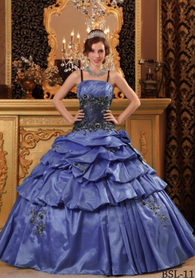 2014 Romantic Puffy Straps Appliques Quinceanera Dresses with Pick-ups