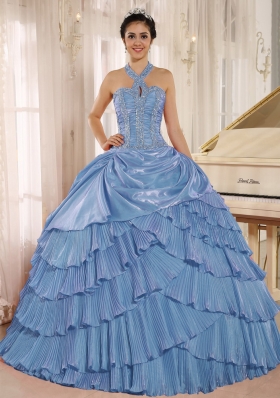 Aqua Blue Halter Top Pleat and Beading Quinceanera Dresses for 2014