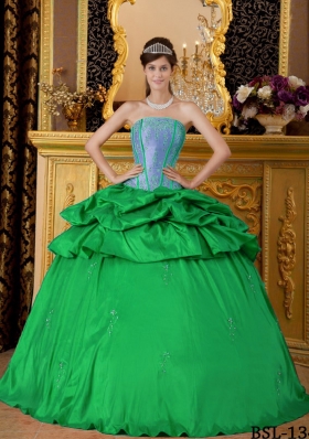 The Super Hot Green Puffy Strapless with Pick-ups and Appliques Quinceanera Dress for 2014