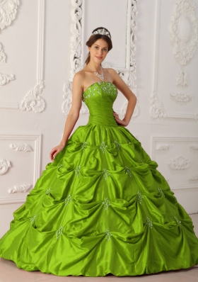 2014 Affordable Olive Green Puffy Strapless with Appliques and Beading Quinceanera Dress