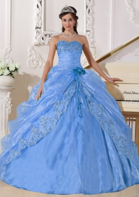 2014 Light Blue Puffy Strapless Embroidery and Beading Quinceanera Dresses