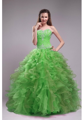 2014 Spring Green Puffy Sweetheart Appliques Quinceanera Dress with Ruffles