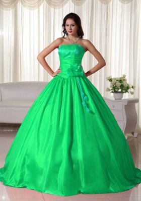 Brand New Puffy Strapless for 2014 Ruching Green Quinceanera Dress with Appliques