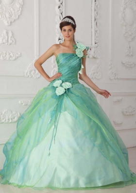 Cute Puffy One Shoulder with Beading and Hand Made Flowers For Quinceanera Dress