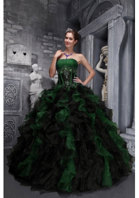 Exclusive Strapless for 2014 Appliques and Ruffles for Green and Black Quinceanera Dress