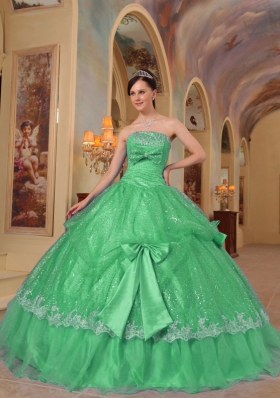 Lovely Puffy Strapless Bows Sequins for 2014 Green Quinceanera Dress