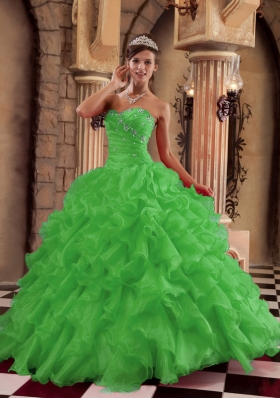 Modest Puffy Sweetheart Ruffles for 2014 Green Quinceanera Dress with Beading
