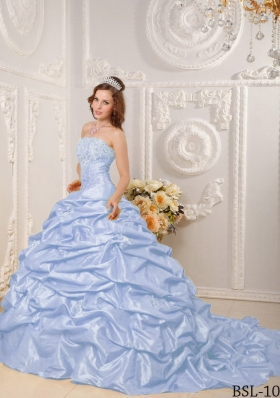 Puffy Strapless Appliques and Beading Quinceanera Dresses with Court Train