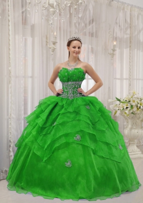 The Super Hot Puffy Strapless with Beading and Ruffles for 2014 Green Quinceanera Dress