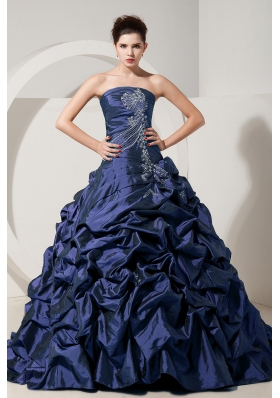 2014 Spring Navy Blue Strapless Brush Quinceanera Gowns with Beading