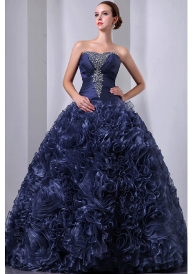 Pretty Navy Blue Princess Strapless Beading and Hand Made Flowers Quinceanea Dress