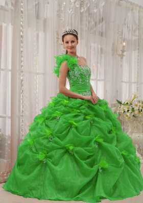 2014 Exclusive Puffy One-shoulder Beading and Appliques Green Quinceanera Dress with Pick-ups