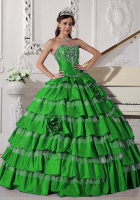 Green Puffy Sweetheart for 2014 New Style Quinceanera Dress with Flowers and Embroidery