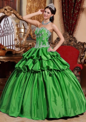 Exclusive Green Puffy Sweetheart with Pick-ups Appliques Quinceanera Dress for 2014