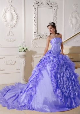 New Style Puffy Strapless Beading 2014 Quinceanera Dress with Court Train