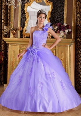 Lovely Puffy One Shoulder 2014 Appliques Quinceanera Dresses with Beading