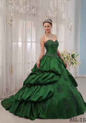 Dark Green Ball Gown Sweetheart Court Train Quinceanera Dresses with Appliques