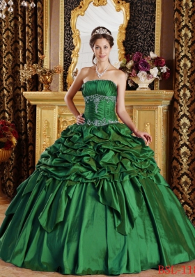 Green Puffy StraplessQuinceanera Dresses with Pick-ups Taffeta