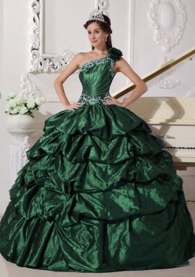 2014 Dark Green Ball Gown One Shoulder Quinceanera Dresses with Appliques