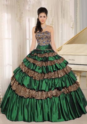 2014 Green Leopard Layers and Appliques Quinceanera Dress For Custom Made