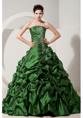 Green Princess Strapless Brush Tain Quinceanera Dresses with Taffeta Beading