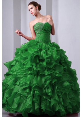 Green Princess Sweetheart Organza Quinceanea Dress with Beading and Ruffles