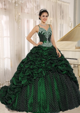 Special Fabric Pick-ups Spagetti Straps Green Quinceanera Dresses with Appliques