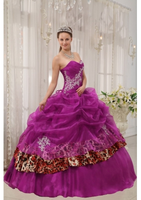 Sweetheart Organza and Leopard Fuchsia Quinceanera Dress with Appliques