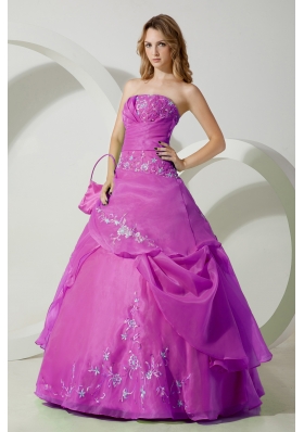 A-line Strapless Organza Appliques Decorate Quinceanera Dress in Fuchsia