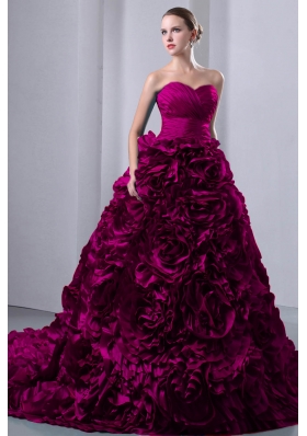 Fuchsia A-Line / Princess Sweetheart Court Train Ruffles Quinceanea Dress