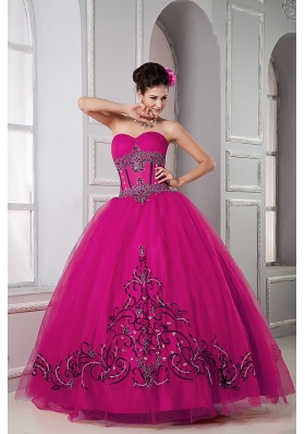 Fuchsia Sweetheart Tulle Quinceanera Dresss with Embroidery All Over Skirt