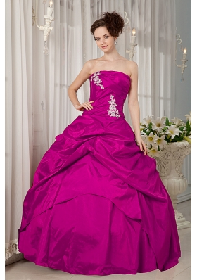 Strapless Fuchsia Taffeta Appliques and Pick-ups Quinceanera Dress