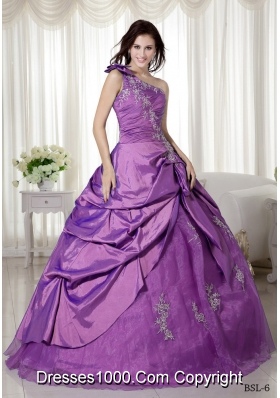 Ball Gown One Shoulder Appliques Quinceanera Dress with Pick-up and Appliques