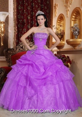 Ball Gown Strapless Organza Sweet 15 Dresses with Appliques and Pick-ups