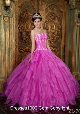 Gorgeous Ball Gown Strapless Floor-length Appliques Organza Hot Pink Quinceanera Dress