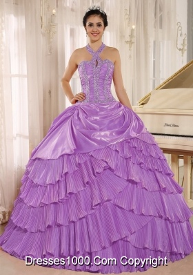 Halter Top Pleat Full Length Dresses For a Quince with Beaded Bodice