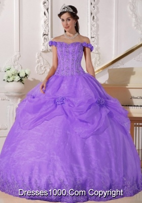 Off The Shoulder Organza Quinceneara Dresses with Appliques and Hand Made Flowers
