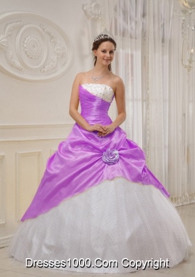 Purple Ball Gown Strapless Beading Dresses For a Quinceanera with Hand Made Flower