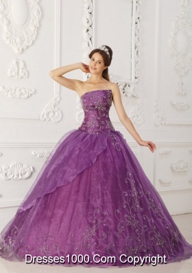 Purple Strapless Beading Quinceanera Dress with Embroidery