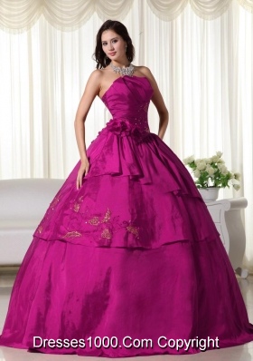 Strapless Fuchsia Hand Flowers and Appliques Quinceanera Gowns