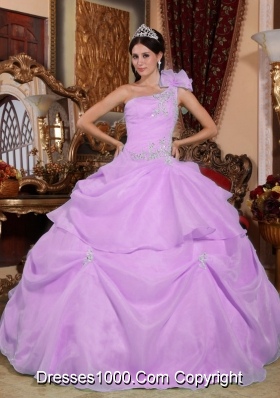 One Shoulder Organza Appliques for Lilac Quinceanera Gowns with Pick-ups