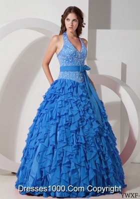 2014 Blue Puffy Halter Ruffles Quinceanera Dress with Bow