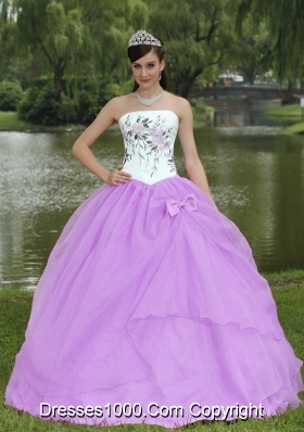 Lilac and White Strapless Quinceanera Dress with Embroidery Decorate