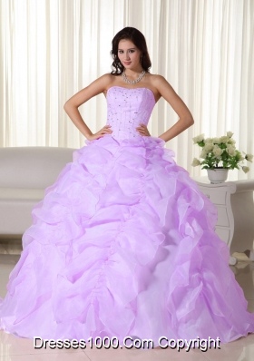 Strapless Lilac Organza Beading and Ruffles Dress For Quinceanera