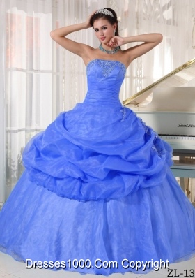 2014 Exclusive Blue Puffy Strapless Appliques Quinceanera Dress with Pick-ups