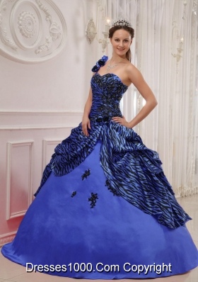 2014 Affordable Blue Puffy One Shoulder Quinceanera Dress with Pick-ups and Appliques