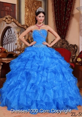 2014 Blue Puffy Sweetheart Beading Quinceanera Dress with Ruffles