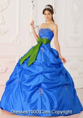 2014 Brand New Blue Puffy Strapless Beading and Sashes Quinceanera Dress