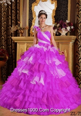 Beautiful One Shoulder Organza Ruffles and Beading Quinceanera Dress
