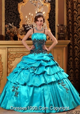 Simple Straps Baby Blue 2014 Quinceanera Dress with Appliques